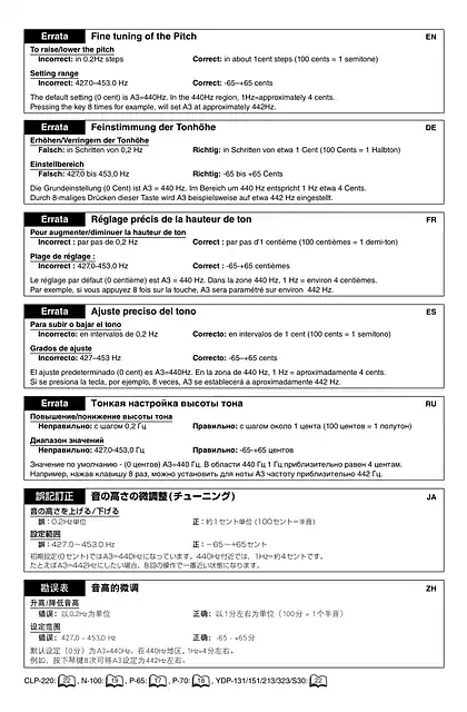 yamaha雅马哈YDP-S30 Errata_ Fine tuning of the Pitch